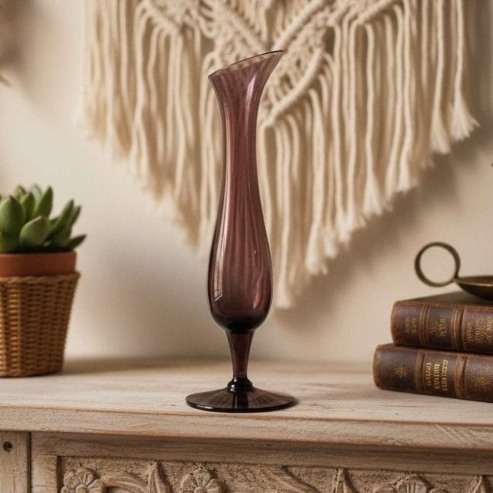 Amethyst Purple Glass Bud Vase, Vintage Pedestal Base, Single Flower Holder